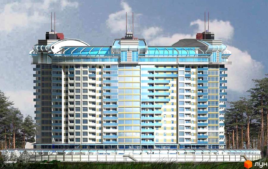 Житловий комплекс Підкова-Стугна - це висотна будівля з багатою скляною обробкою та блакитними елементами. Навколо комплексу розташовані дерева та зелена зона.