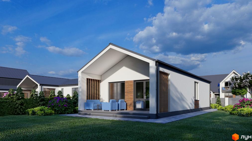 Котеджне містечко КМ Ivankovo: одноповерховий будинок з панорамними вікнами та терасою, зелений газон та кущі навколо.