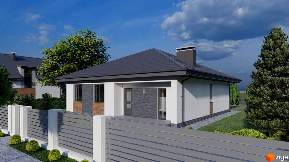 Котеджне містечко Ivankovo. Зовнішній вигляд одноповерхового будинку з сірим дахом, великими вікнами та цегляним фасадом, огородженого парканом.