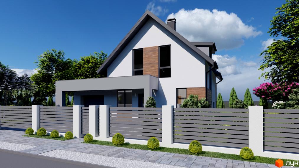 Зовнішній вигляд будинку в КМ Ivankovo з сірим парканом та зеленими кущами. Фото новобудови з прибудинковою територією.