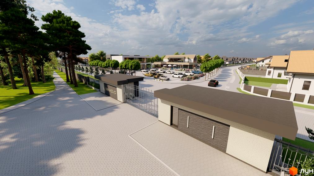 Котеджне містечко Ivankovo: фасади будинків з коричневими дахами та прибудинкова територія з парковкою та зеленими насадженнями.