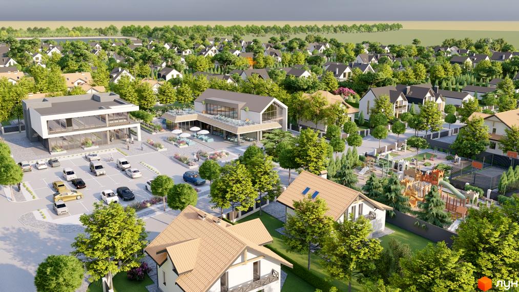 Котеджне містечко Ivankovo: візуалізація фасаду будівель та облаштована прибудинкова територія з дитячим майданчиком та місцями для відпочинку.