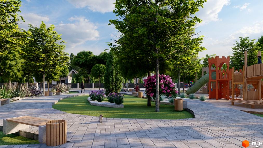 Котеджне містечко Ivankovo: дитячий майданчик та зелена зона з лавками та деревами. Затишна прибудинкова територія для відпочинку.