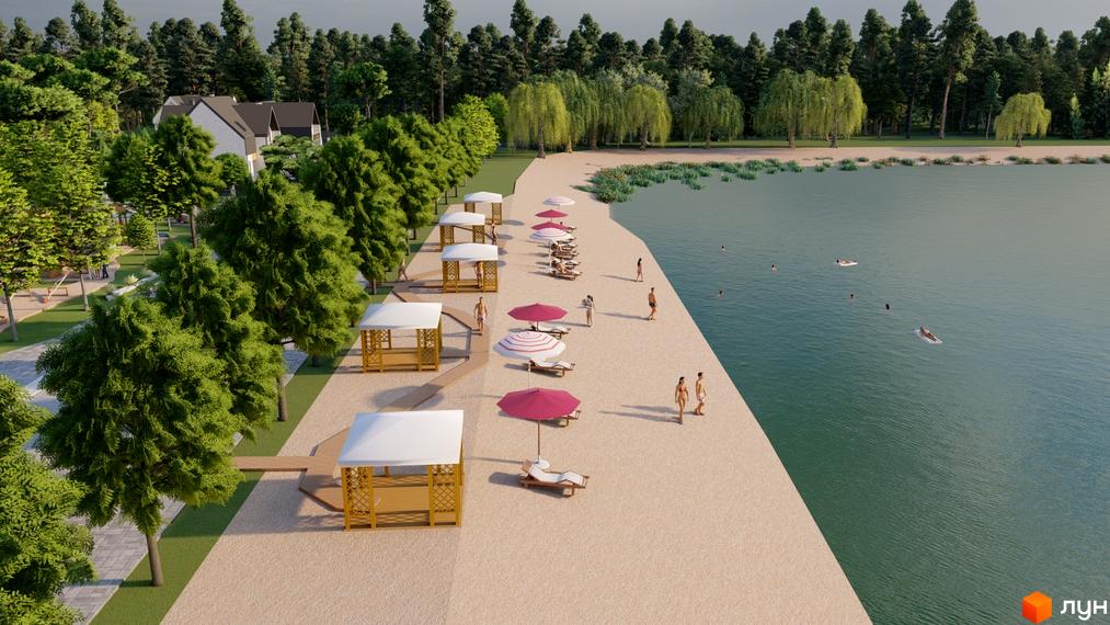 КМ Ivankovo: Котеджне містечко з пляжем та зонами відпочинку біля води. На території розташовані альтанки, шезлонги та парасольки для комфортного дозвілля.