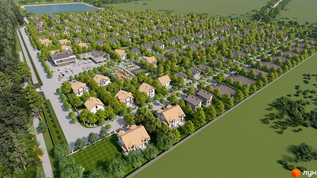 Котеджне містечко КМ Ivankovo: вид згори на двоповерхові будинки з коричневими дахами, зелені дерева та доглянуті газони. Поруч розташовані водойма та зона відпочинку.