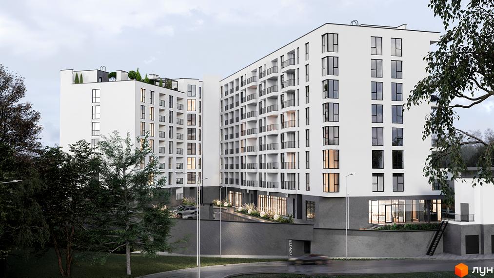Новобудова ЖК HILL SIDE з білими фасадами та численними балконами. Навколо будівлі розташована зелена прибудинкова територія з деревами та освітленням.