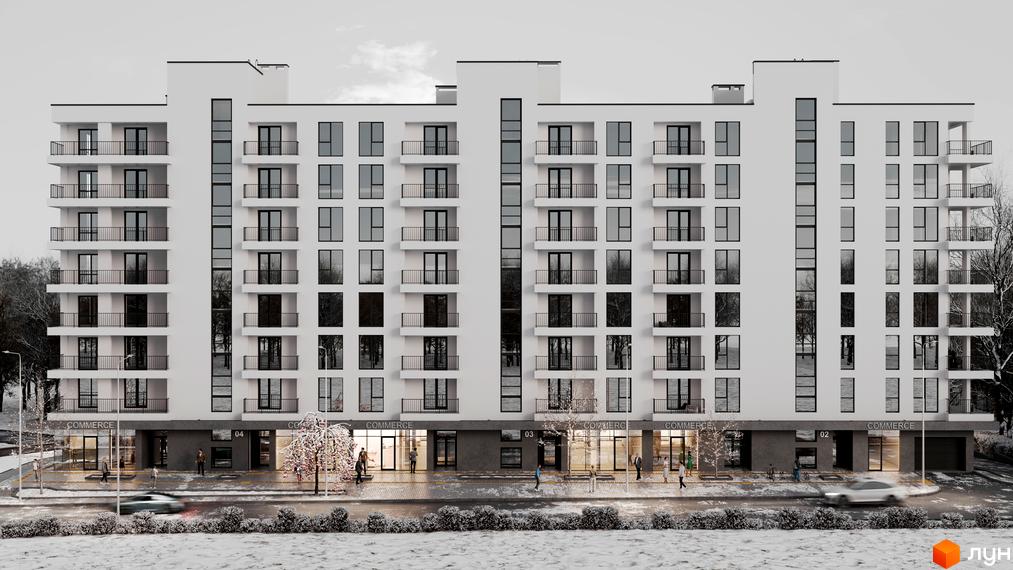 Зовнішній вигляд новобудови ЖК HILL SIDE з численними балконами та великими вікнами. Перед будинком розташована доглянута прибудинкова територія з деревами та тротуаром.