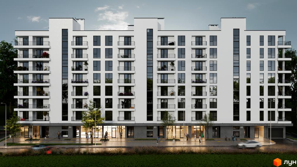 Фасад житлового комплексу HILL SIDE з численними балконами та великими вікнами. Перед будинком розташована прибудинкова територія з деревами та пішохідною зоною.