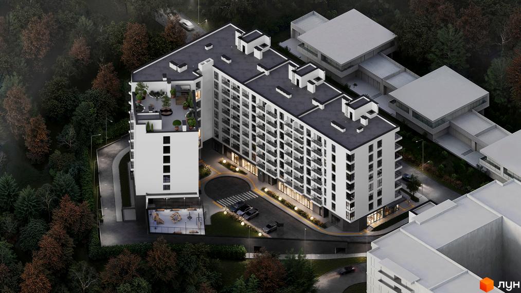 Житловий комплекс HILL SIDE з білими фасадами та чорними балконами, розташований серед дерев. На прибудинковій території видно дорогу, парковку та дитячий майданчик.