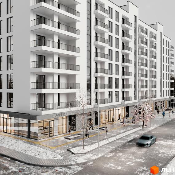 Зовнішній вигляд новобудови ЖК HILL SIDE з численними балконами та комерційними приміщеннями на першому поверсі. Навколо будівлі розташована прибудинкова територія із засніженими деревами та тротуаром.