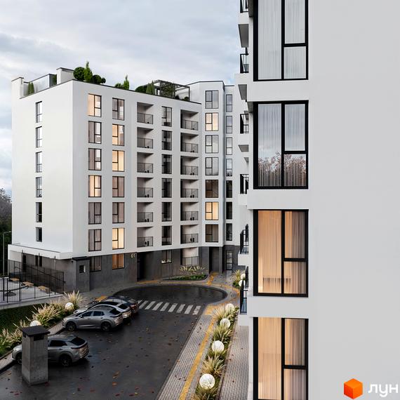 Житловий комплекс HILL SIDE з білими фасадами, великими вікнами та балконами. На прибудинковій території розташовані парковка та зелені насадження.