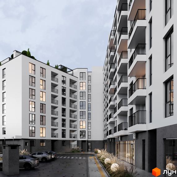 Житловий комплекс HILL SIDE з білими фасадами та чорними балконами, парковка та зелені насадження біля будинку.