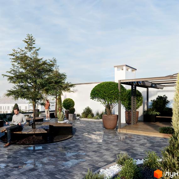 Житловий комплекс HILL SIDE. Тераса з місцями для відпочинку, зеленими насадженнями та перголою.