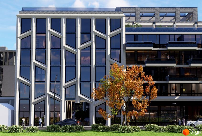 Житловий комплекс Galleon з унікальним фасадом та великими вікнами, поруч зелена зона та дерева.