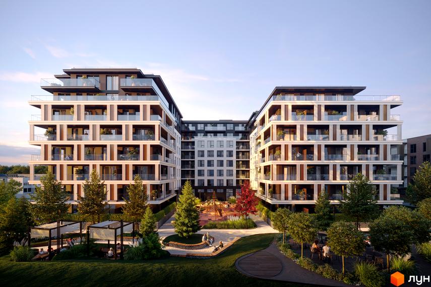 Житловий комплекс GLOBUS ECLIPTICA з багатоповерховими будинками та просторою прибудинковою територією з дитячим майданчиком та зонами відпочинку.