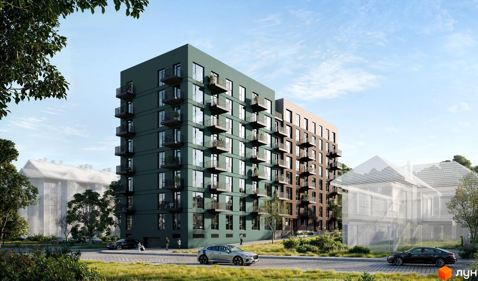 Комплекс Kaiser Forest з темно-зеленим та коричневим фасадами, балконами та прибудинковою територією з деревами та автомобілями.