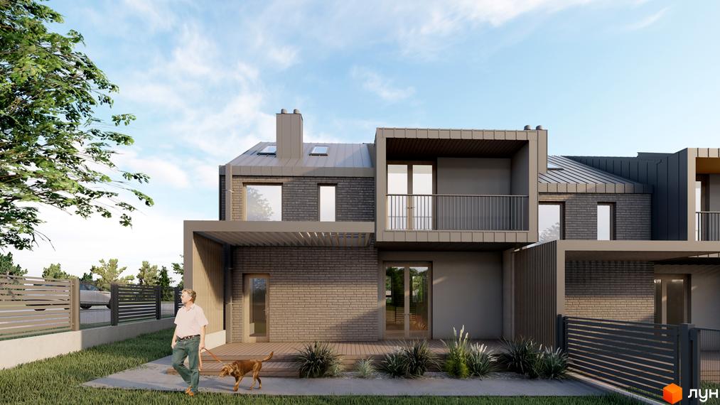 Таунхауси «На Схилі» – це сучасна двоповерхова забудова з цегляним фасадом та великими вікнами. Територія перед будинком огороджена парканом, з доглянутим газоном та деревами.