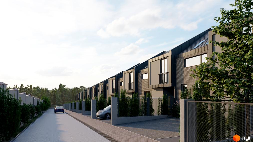 Таунхауси «На Схилі» – це сучасна забудова з цегляними фасадами та великими вікнами, розташована вздовж доглянутої вулиці з деревами та парканом.