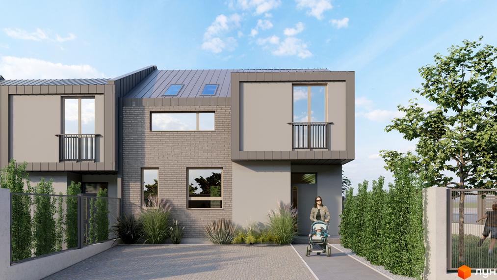 Таунхауси «На Схилі» – це сучасні будинки з цегляним фасадом та прибудинковою територією з деревами та парканом. На зображенні видно жінку з дитячим візком.