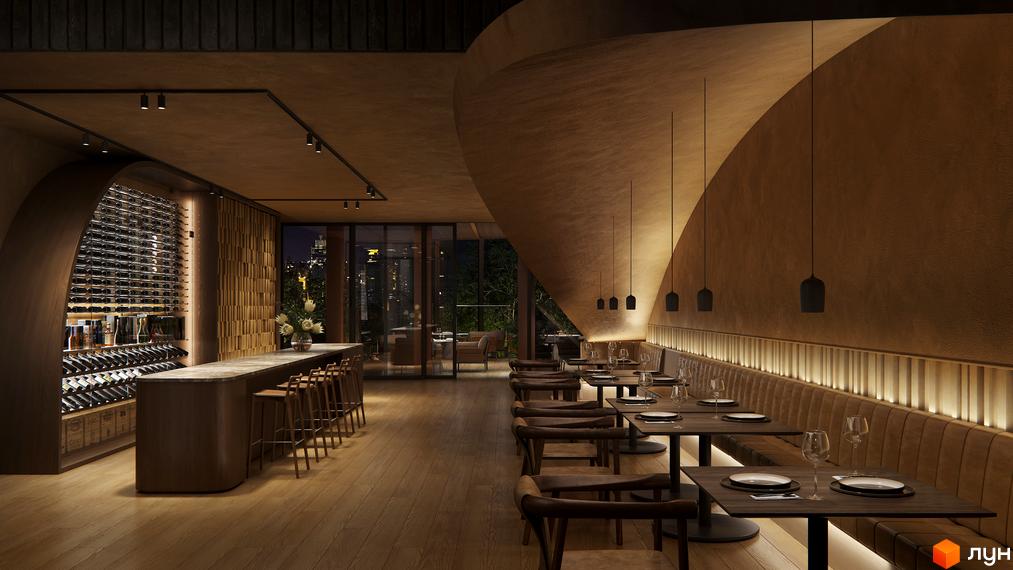 Інтер'єр ресторану в житловому комплексі THE ONE з винною шафою та столиками. Сучасний дизайн та затишна атмосфера для відпочинку.