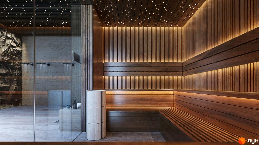 Інтер'єр сауни житлового комплексу THE ONE з дерев'яними стінами та лавками, прихованим освітленням та душовою зоною з кам'яною стіною.