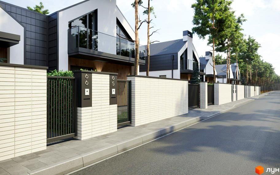 Зовнішній вигляд дуплексів THE WOOD з білою цегляною стіною та чорними парканами. Новобудова розташована вздовж дороги з деревами.