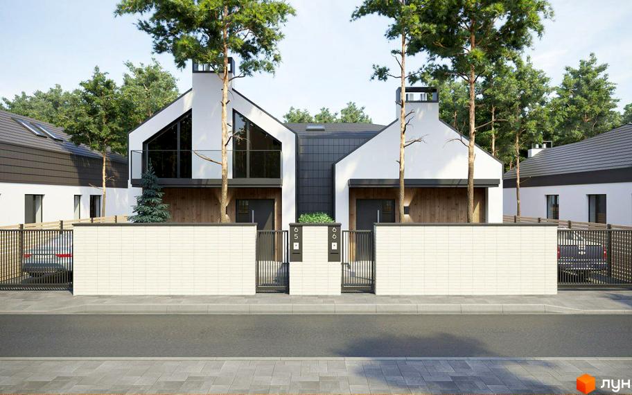 Дуплекси THE WOOD: фасади будинків з білою штукатуркою, великими вікнами та дерев'яними елементами, огороджена територія з парканом та воротами.