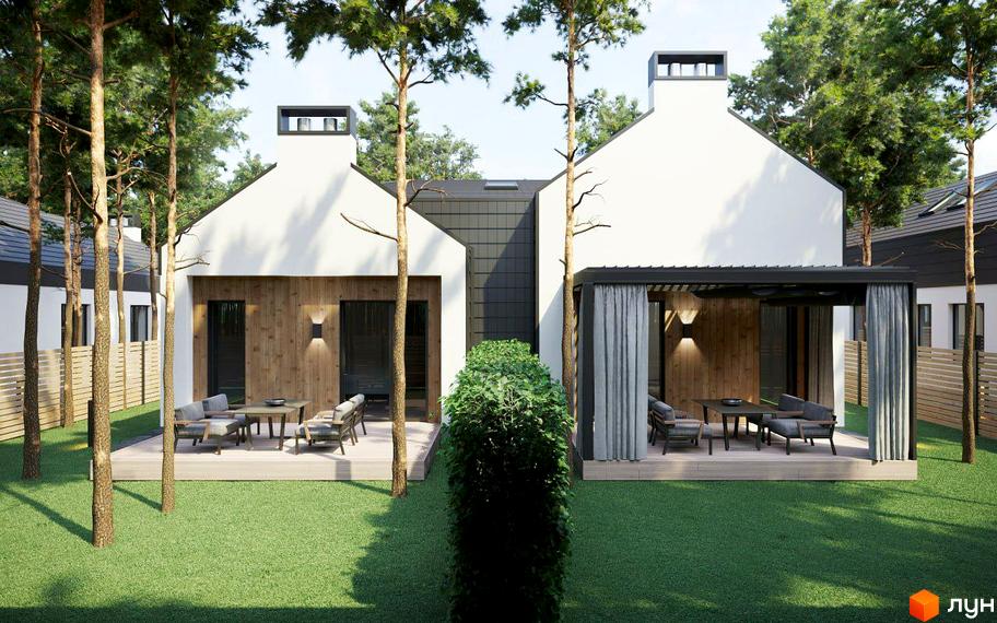 Зовнішній вигляд дуплексів THE WOOD з дерев'яними фасадами та терасами. Прибудинкова територія з газоном та деревами.