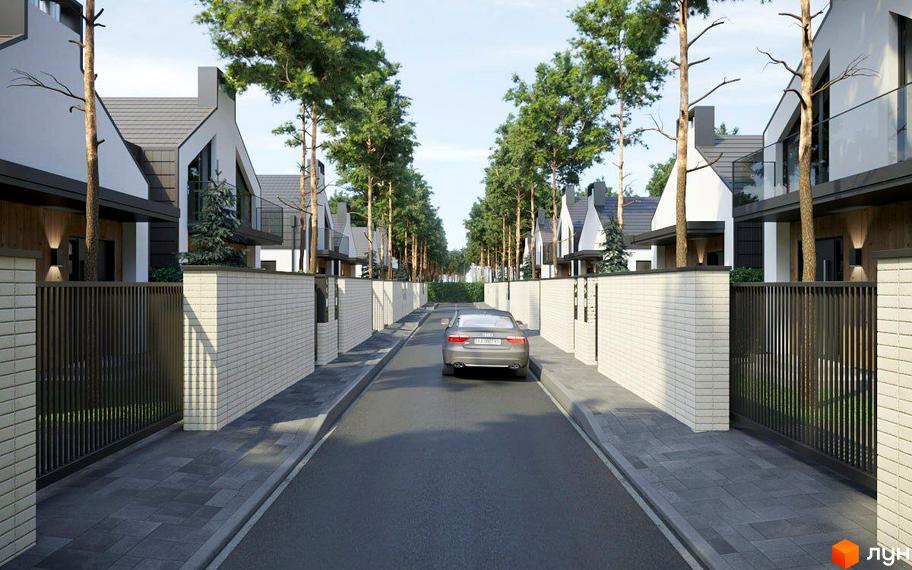 Дуплекси THE WOOD: фасади будинків з великими вікнами та терасами, огороджена територія з бруківкою та парканом.