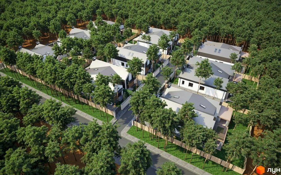 Вид згори на дуплекси THE WOOD, розташовані серед дерев. Будинки мають білі фасади та сірі дахи, а територія комплексу облаштована зеленими газонами та огорожею.