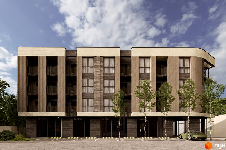 Фасад житлового комплексу Valencia з балконами та вікнами. Перед будинком розташовані дерева та парковка з автомобілем.