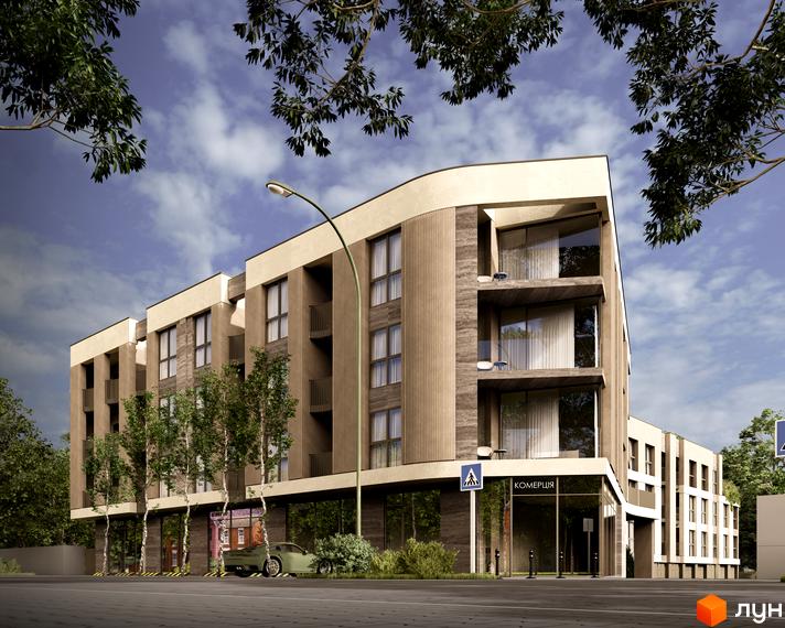 Фасад житлового комплексу Valencia з великими вікнами та балконами, оточений деревами. Поруч дорога та тротуар.