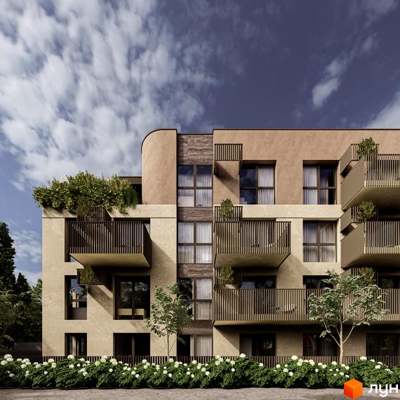 Фасад житлового комплексу Valencia з балконами та зеленню. Перед будинком розташована клумба з квітами та дерева.