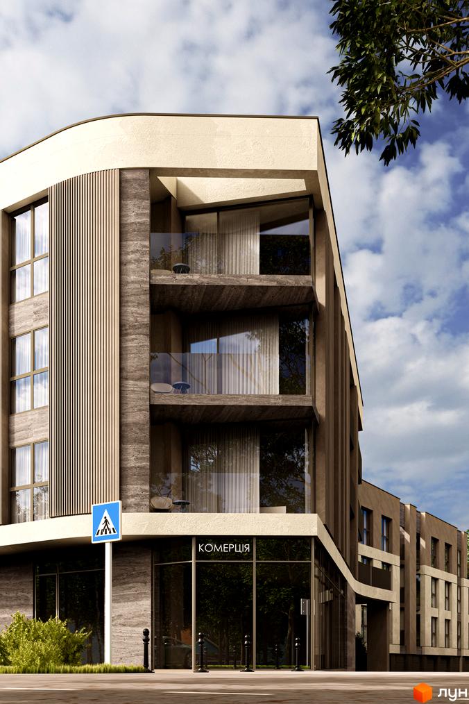 Зовнішній вигляд житлового комплексу Valencia з фасадами з натуральних матеріалів та великими вікнами. Навколо будинку зелені насадження та пішохідний перехід.