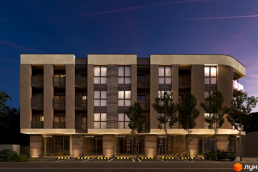 Фасад житлового комплексу Valencia з балконами та великими вікнами, освітлена прибудинкова територія з деревами та парковкою.