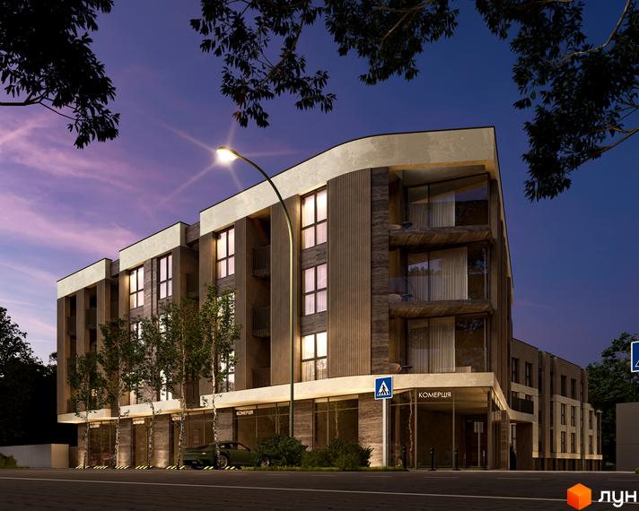 Житловий комплекс Valencia: фасади з натуральних матеріалів та великі вікна, з прилеглою територією та вуличним освітленням.