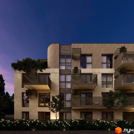 Житловий комплекс Valencia з елегантною фасадною обробкою та численними балконами, оточений пишною зеленню та квітучими кущами.