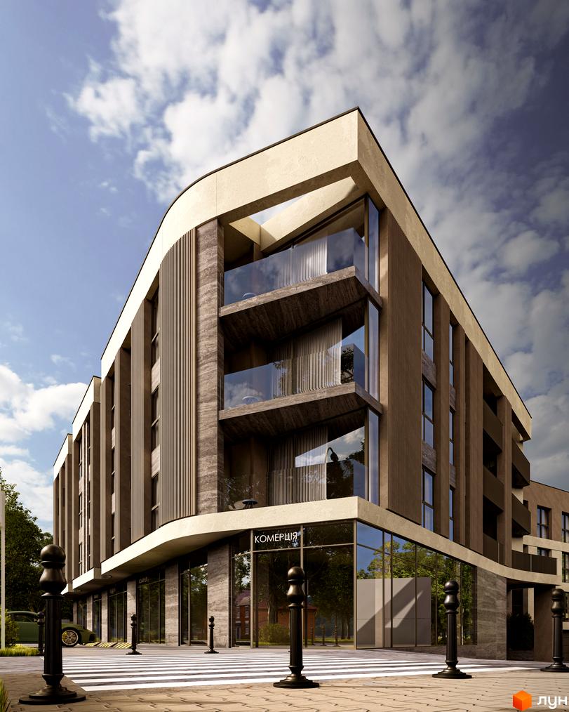 Зовнішній вигляд новобудови ЖК Valencia з панорамними вікнами та балконами. Перед будинком розташована пішохідна зебра та стовпчики.