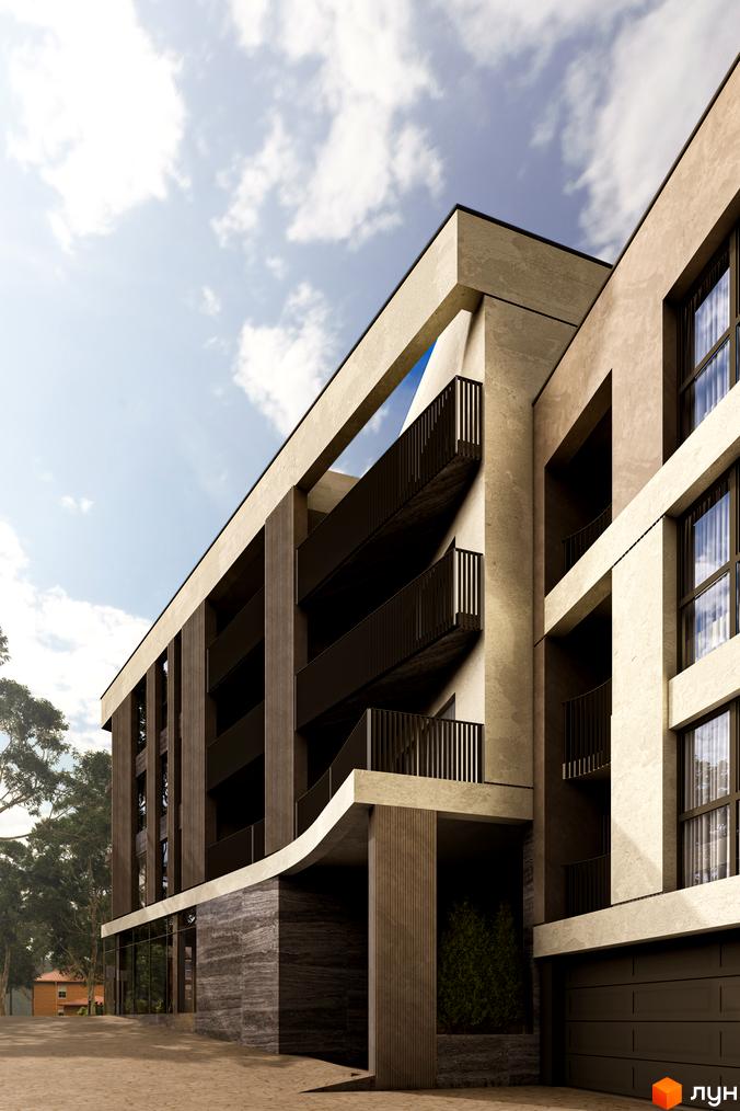 Зовнішній вигляд житлового комплексу Valencia з бетонними та дерев'яними елементами, балконами та великими вікнами. Навколо зелені дерева та облаштований двір.