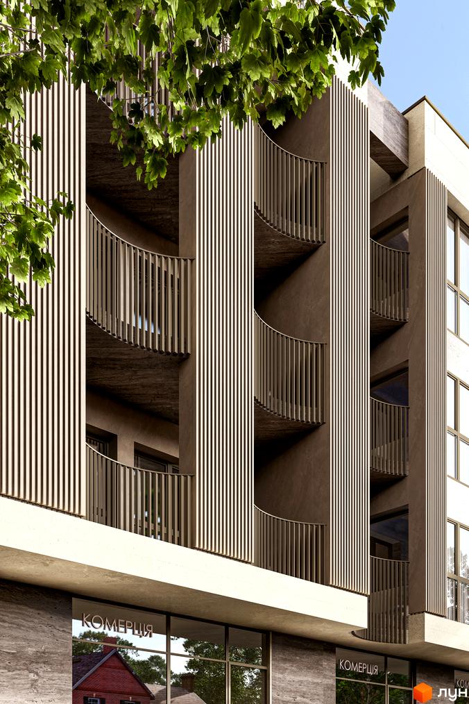 Фасад житлового комплексу Valencia з вигнутими балконами та вертикальним оздобленням. На першому поверсі розташовані комерційні приміщення з великими вікнами.