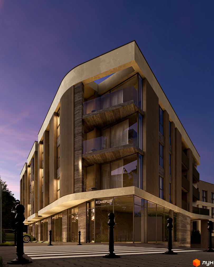 Житловий комплекс Valencia: фасад будівлі з панорамними вікнами та балконами, перед будинком - пішохідний перехід та вуличні ліхтарі.