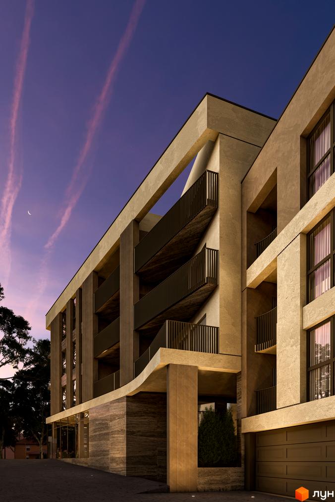 Житловий комплекс Valencia: фасади будівлі з балконами та вікнами на тлі вечірнього неба. Зовнішній вигляд новобудови.