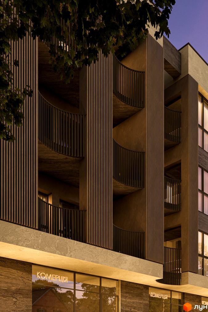 Зовнішній вигляд житлового комплексу Valencia з балконами та вертикальним оздобленням фасаду. На першому поверсі розташовані комерційні приміщення.