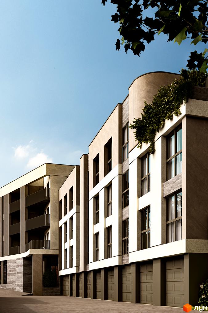 Фасад житлового комплексу Valencia з панорамними вікнами та гаражними воротами. Навколо будинку зелені насадження та елементи ландшафтного дизайну.