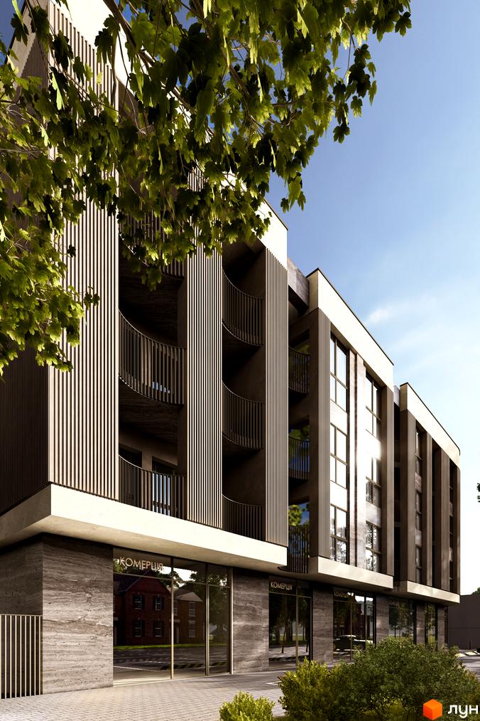 Фасад житлового комплексу Valencia з дерев'яними елементами та скляними балконами. Навколо будинку зелені насадження та бруківка.