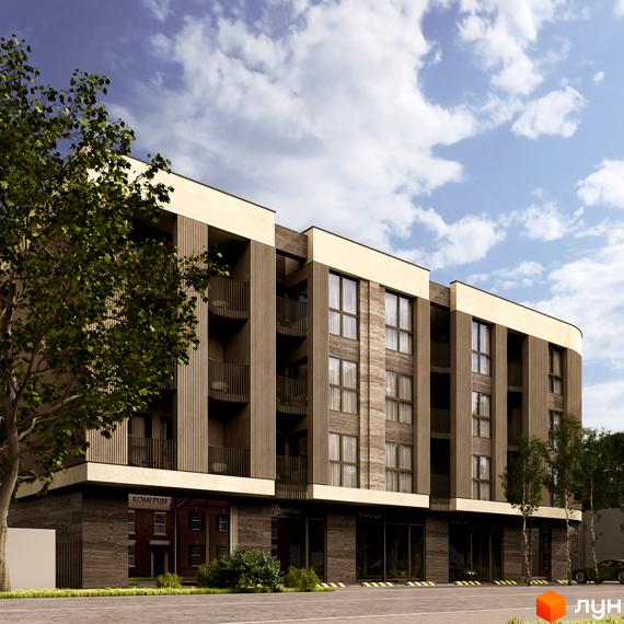 Житловий комплекс Valencia з фасадом з натуральних матеріалів та балконами. Прибудинкова територія з деревами та дорогою.