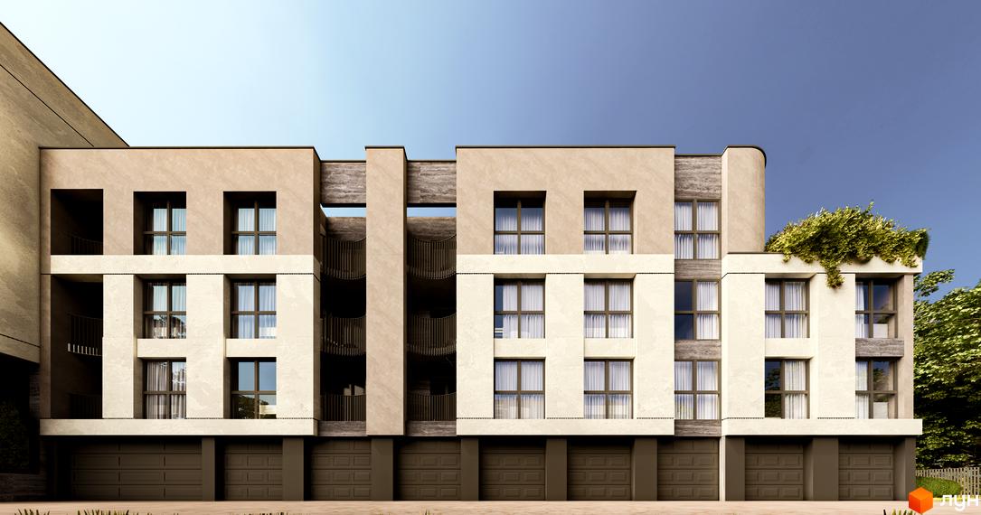 Фасад житлового комплексу Valencia з панорамними вікнами та гаражними воротами. Будинок має світлу облицювання та зелені насадження на даху.