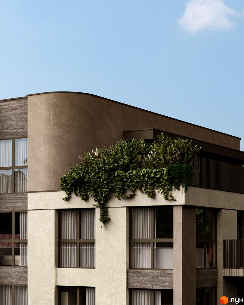 Житловий комплекс Valencia. Фасад новобудови з великими вікнами та зеленню на балконах.