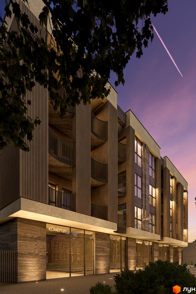 Зовнішній вигляд житлового комплексу Valencia з дерев'яними елементами та великими вікнами на тлі вечірнього неба. Відображення фасаду та прибудинкової території.