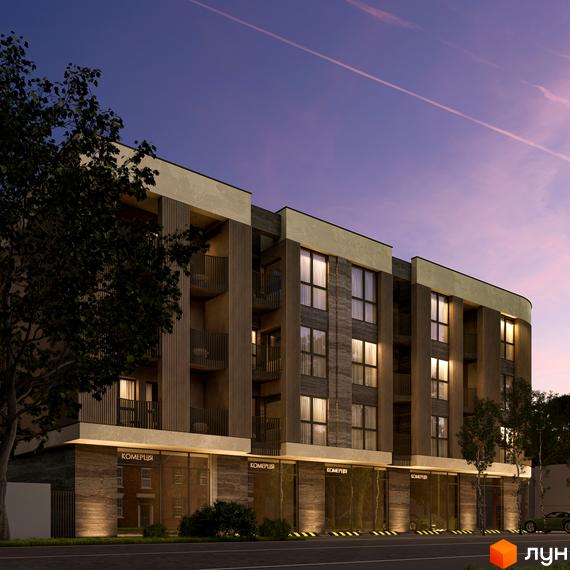 Житловий комплекс Valencia - це сучасна новобудова з елегантним фасадом та великими вікнами, розташована біля дороги з деревами.